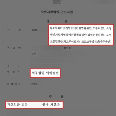 [뺑소니] 도주치상+위험운전치상+사고후미조치+음주운전 혐의 받은 의뢰인, 벌금형 선처 이끌어내